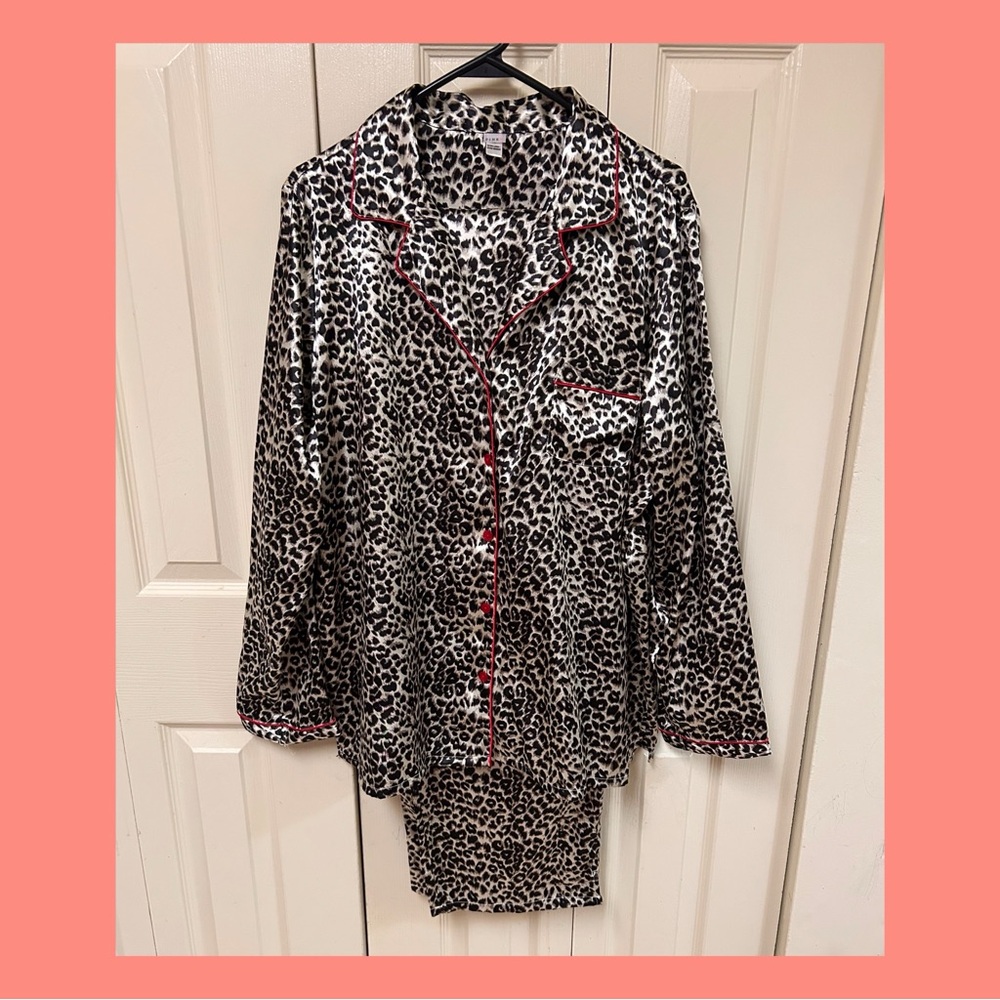 Pink Leopard Print Pajama Set with Red Trim